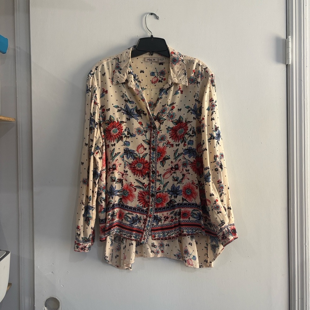Lola P. Floral Bohemian Button Up Women Shirt Blouse‎ Size L - Picture 7 of 9